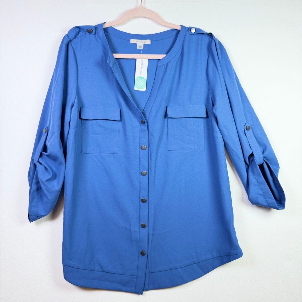 41 HAWTHORN Blue Roll Tab Sleeve Button Front Utility Blouse Size L